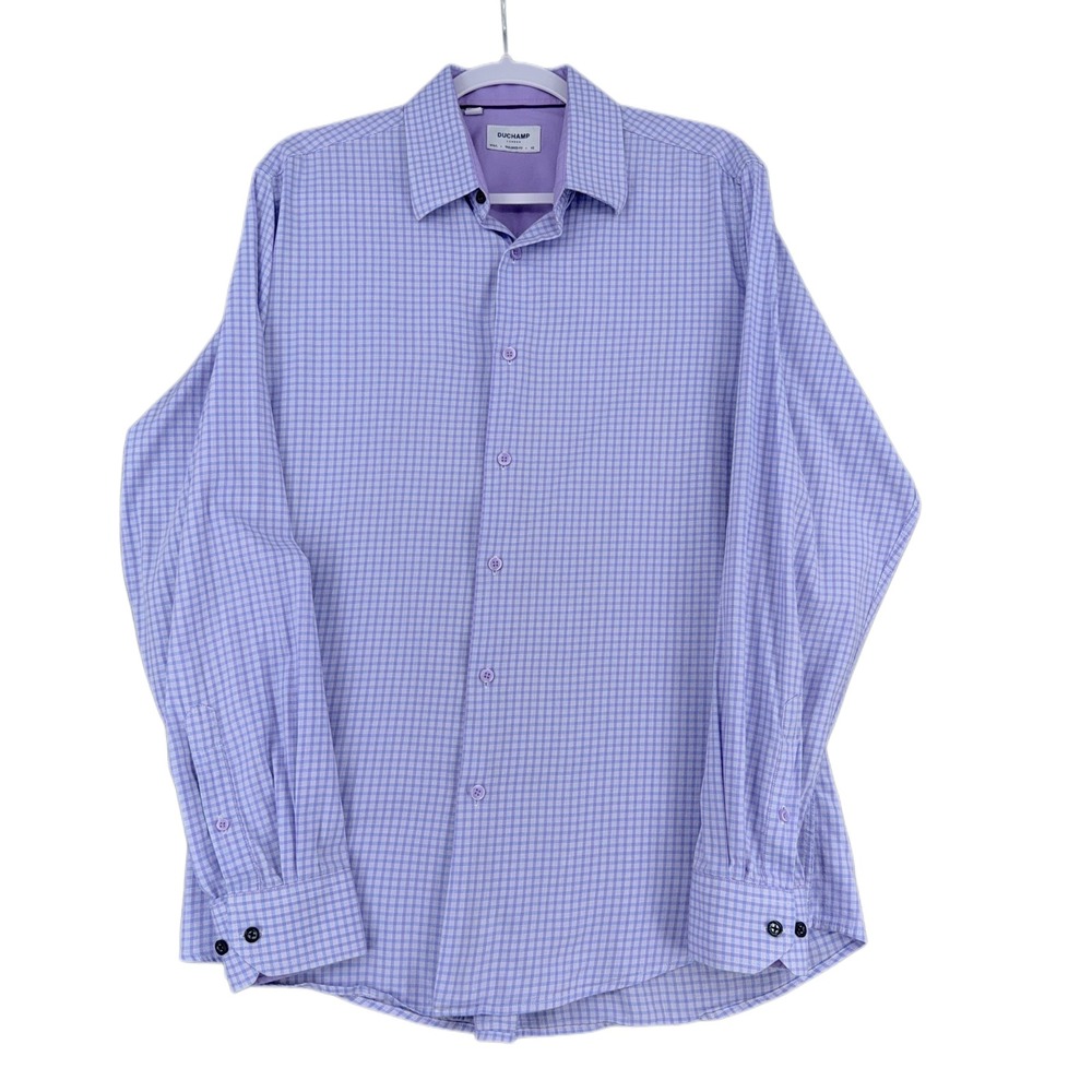 DUCHAMP London Men's Tailored Fit Dress Shirt Purple Gingham Size 16.5